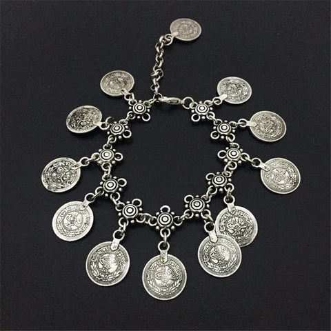 Silver Oxidised Boho Coin Anklet- single
