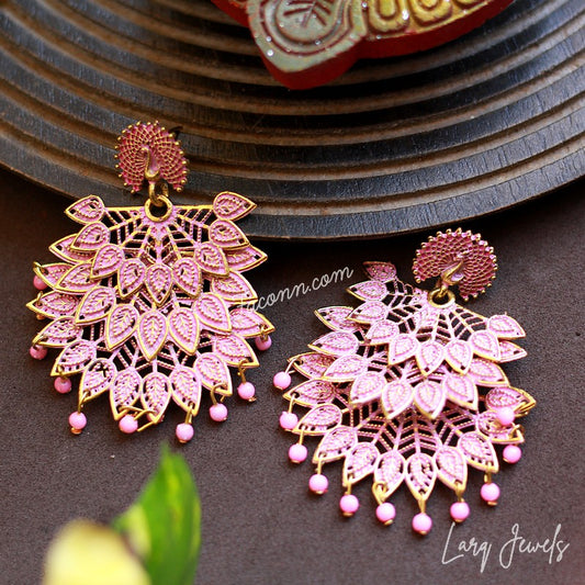Larq Jewels Peacock Design Earring Pink Colour