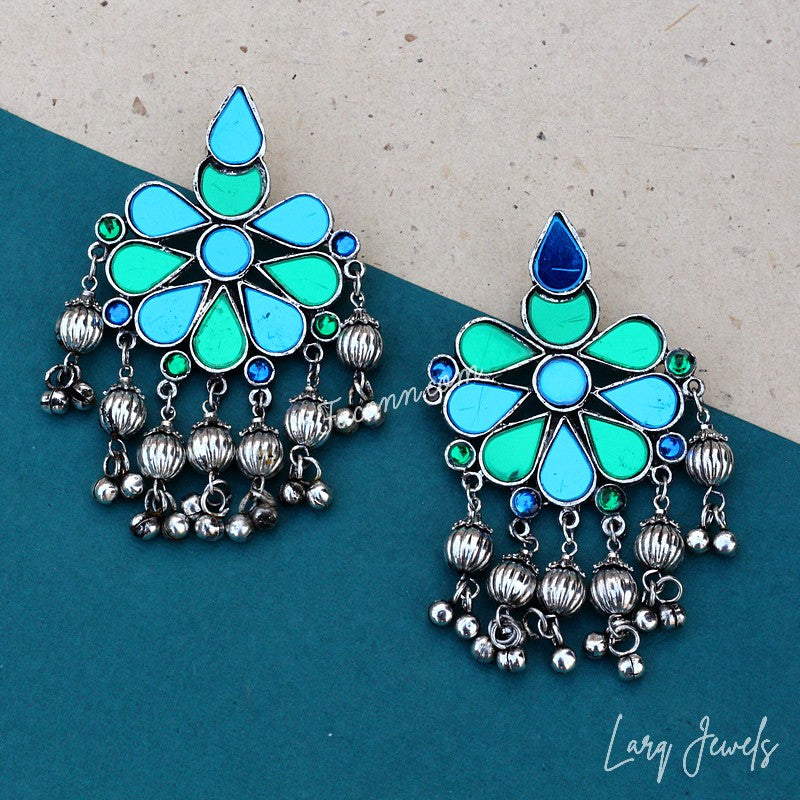 Silver Oxidized Blue Colour Mirror And Ghungru Earrings