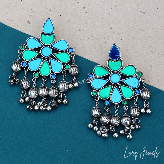 Silver Oxidized Blue Colour Mirror And Ghungru Earrings