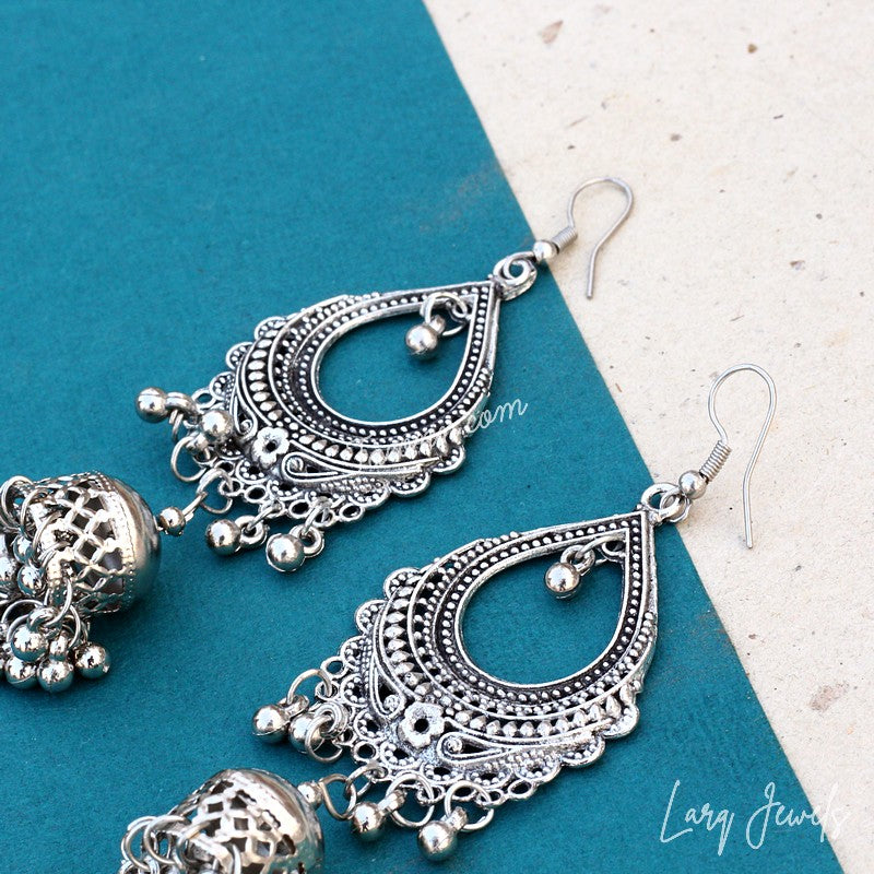 Traditional Indian Ethnic Oxidised Silver Jhumki