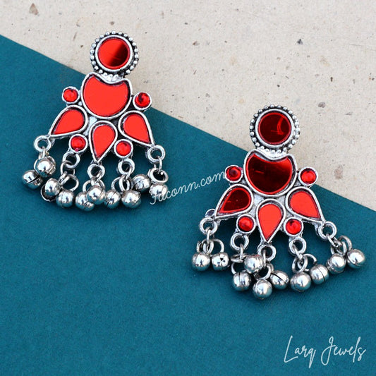 Silver Oxidized Red Mirror And Ghungru Earrings