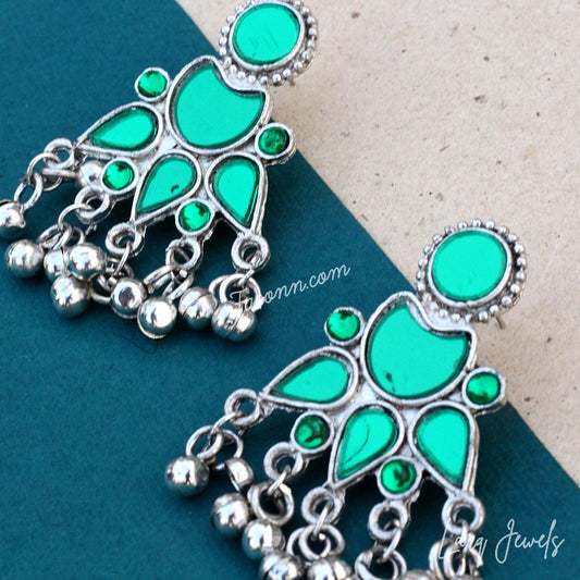 Silver Oxidized Green Mirror And Ghungru Earrings