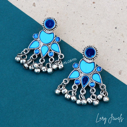 Silver Oxidized Blue Mirror And Ghungru Earrings