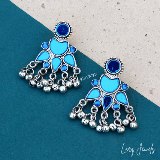 Silver Oxidized Blue Mirror And Ghungru Earrings