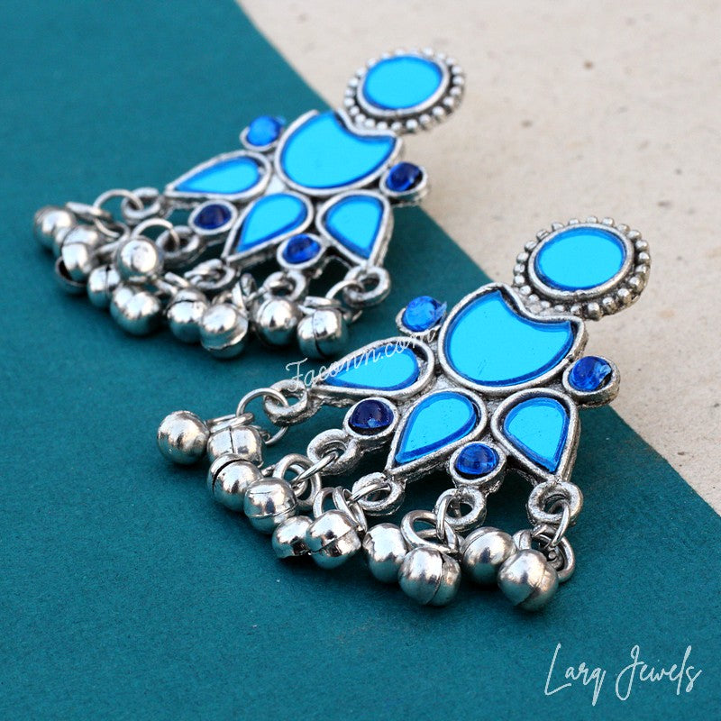 Silver Oxidized Blue Mirror And Ghungru Earrings