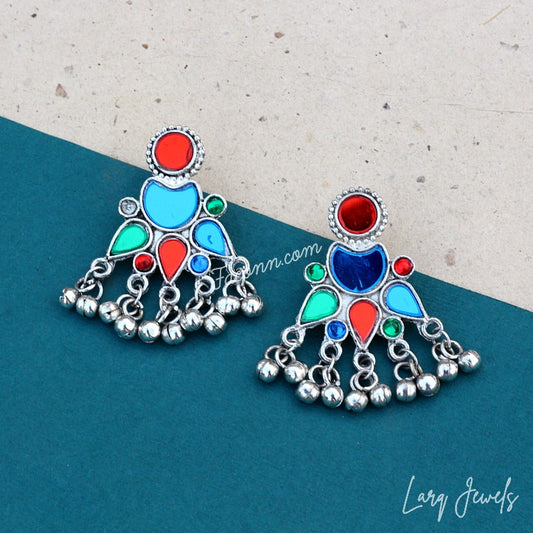Silver Oxidized  Multicolour Mirror And Ghungru Earrings