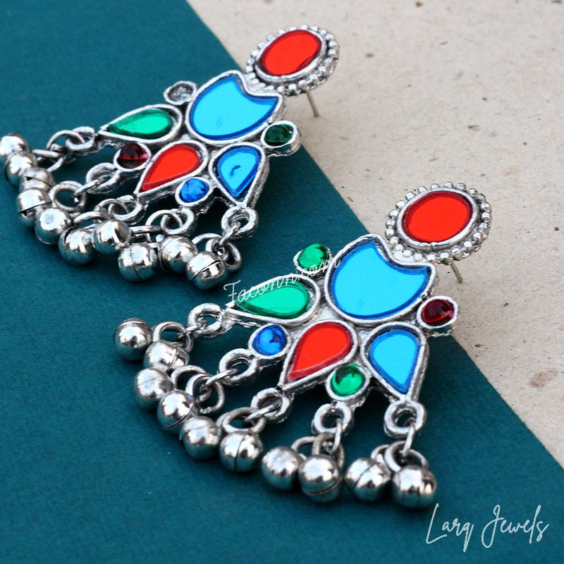 Silver Oxidized  Multicolour Mirror And Ghungru Earrings