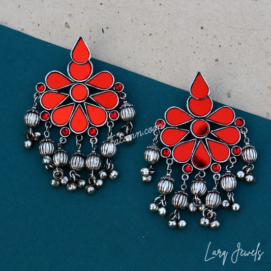 Silver Oxidized  Festive Red Mirror Ghunghroo Earrings