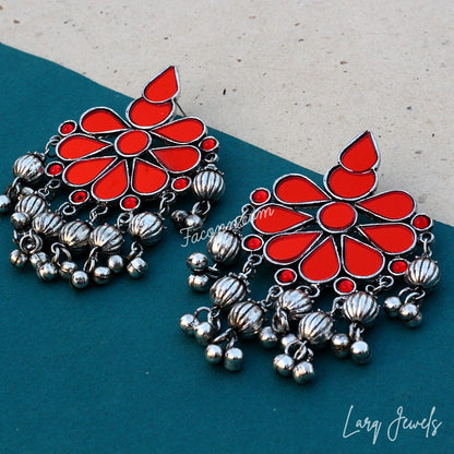 Silver Oxidized  Festive Red Mirror Ghunghroo Earrings