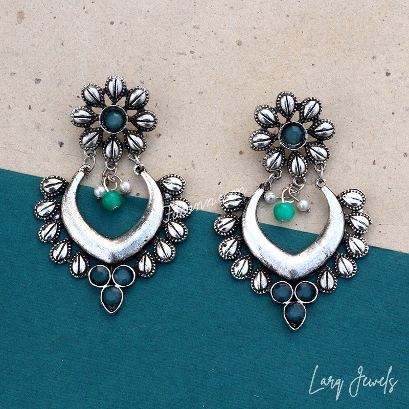 Larq Jewels Silver Oxidized Earrings With Green Stones