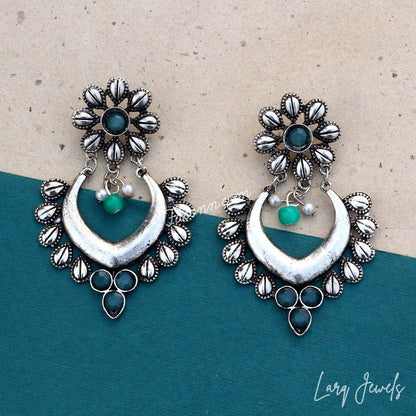 Larq Jewels Silver Oxidized Earrings With Green Stones