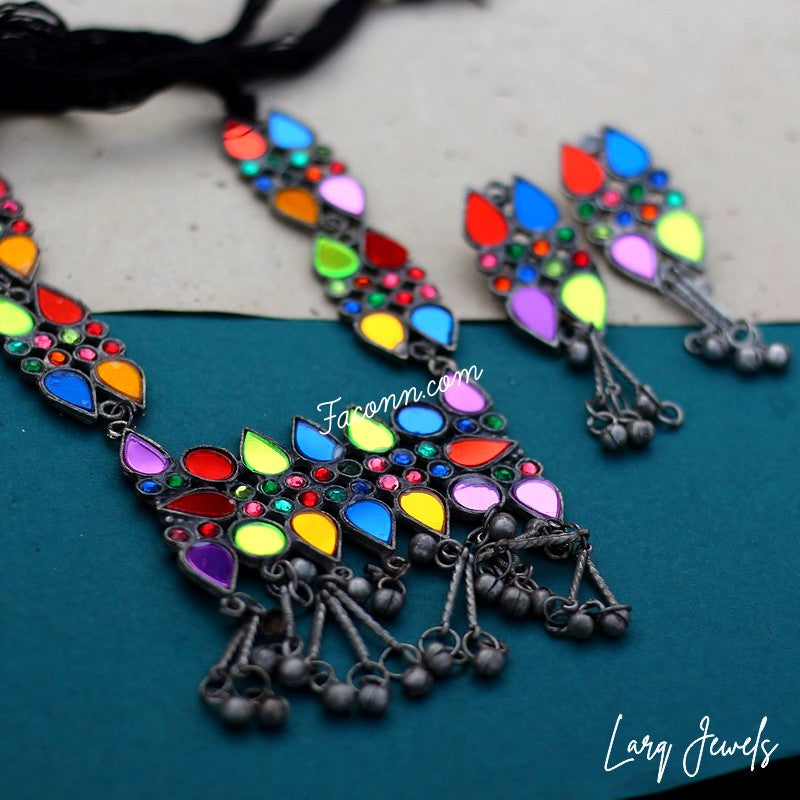 LARQ JEWELS Pink Brass Silver-Plated Afghan Tribal Oxidized Necklace