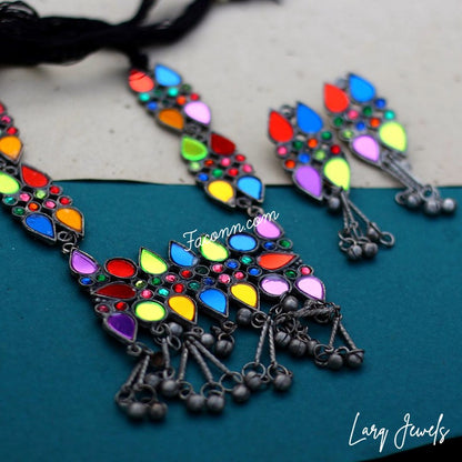 LARQ JEWELS Pink Brass Silver-Plated Afghan Tribal Oxidized Necklace