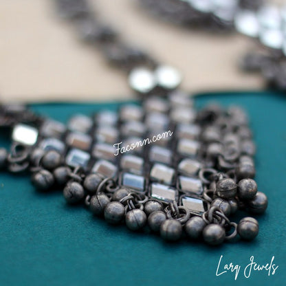 LARQ JEWELS Afghani Oxidized Silver Mirror Necklace Set