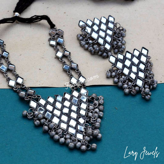 LARQ JEWELS Afghani Oxidized Silver Mirror Necklace Set