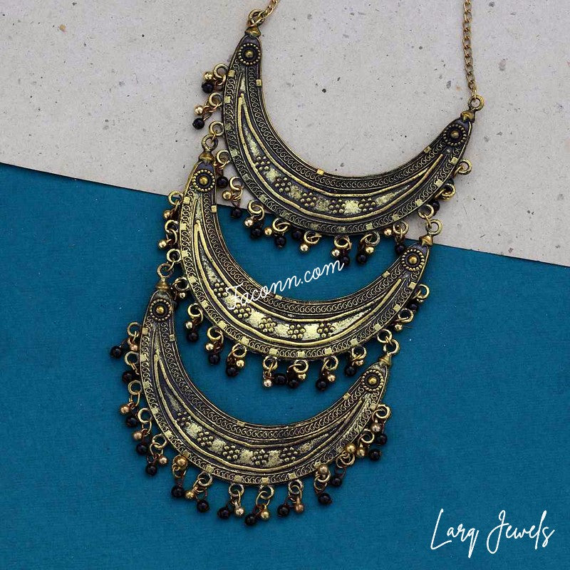 LARQ JEWELS Oxidized German Silver 3 Chand Long Chain Necklace