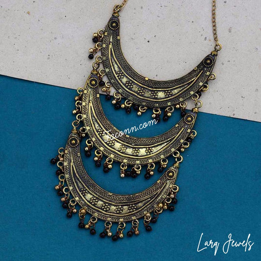 LARQ JEWELS Oxidized German Silver 3 Chand Long Chain Necklace