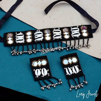LARQ JEWELS Black Mirror Hand Crafted Fabric Choker Set
