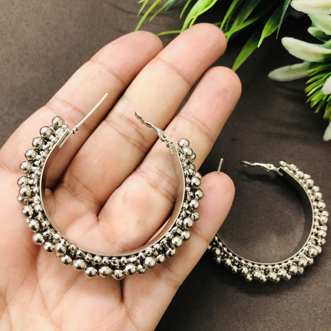 LARQ JEWELS Silver Brass Work Essentials Ethnic Hoop Earrings for Women