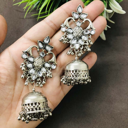 LARQ JEWELS OXIDIZED SILVER White STONE STUDDED JHUMKAS