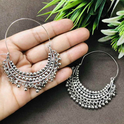 LARQ JEWELS Silver Tone Traditional Oxidised Silver Chandbali Hoop Earring For Women