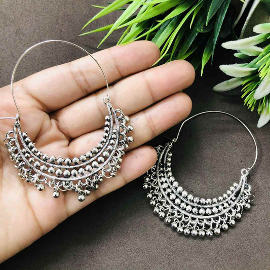 LARQ JEWELS Silver Tone Traditional Oxidised Silver Chandbali Hoop Earring For Women
