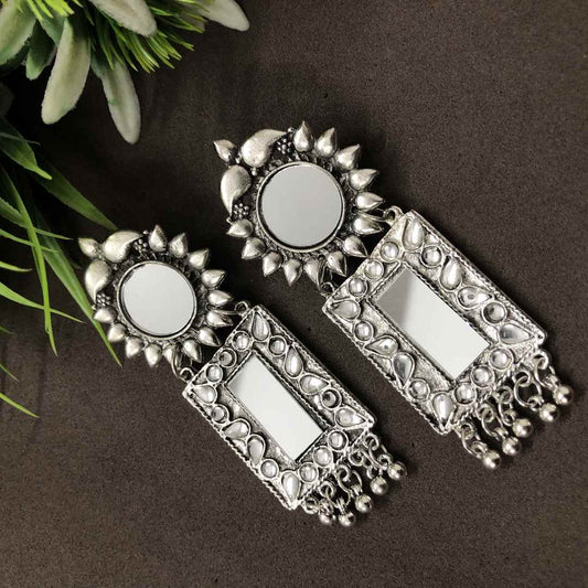 LARQ JEWELS Oxidised Silver Mirror Work Afghani Style Jhumka Earring