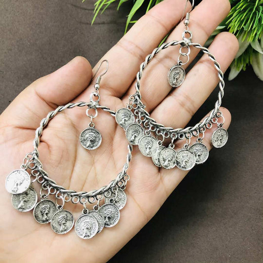 LARQ JEWELS Silver Oxidised Coin Drops Earrings for Women Girls