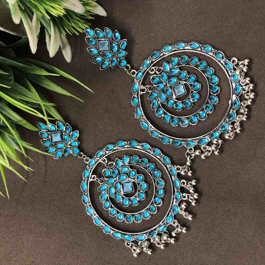 LARQ JEWELS Trending Blue Ethnic Silver Oxidised Dangle Drop Mirror Earrings for women and girls