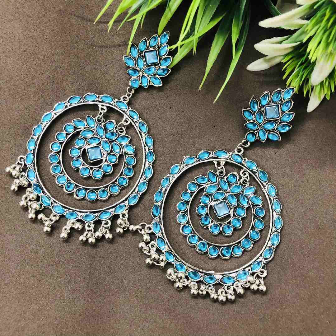 LARQ JEWELS Trending Blue Ethnic Silver Oxidised Dangle Drop Mirror Earrings for women and girls