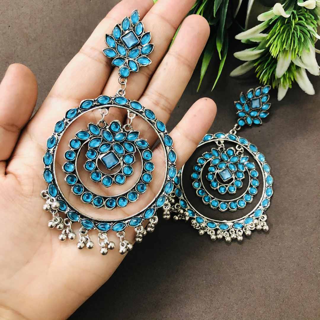 LARQ JEWELS Trending Blue Ethnic Silver Oxidised Dangle Drop Mirror Earrings for women and girls