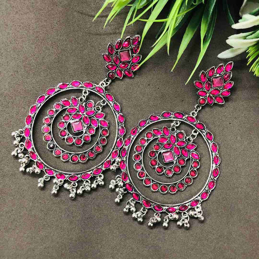 LARQ JEWELS Trending Pink Ethnic Silver Oxidised Dangle Drop Mirror Earrings for women and girls