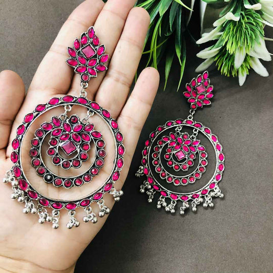 LARQ JEWELS Trending Pink Ethnic Silver Oxidised Dangle Drop Mirror Earrings for women and girls