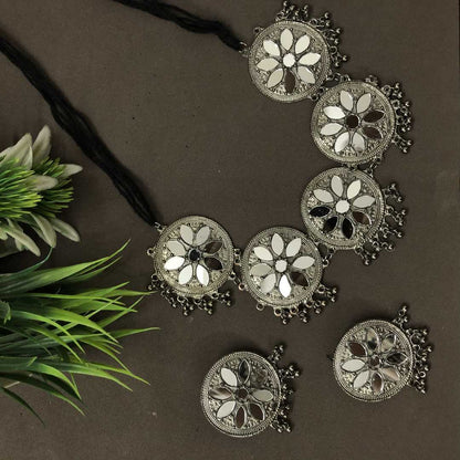 LARQ JEWELS Afghani Oxidised Silver Black Polish Mirror Necklace