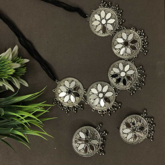 LARQ JEWELS Afghani Oxidised Silver Black Polish Mirror Necklace