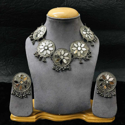 LARQ JEWELS Afghani Oxidised Silver Black Polish Mirror Necklace