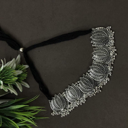 LARQ JEWELS Oxidized Indian Ethnic Silver Choker Lotus Necklace