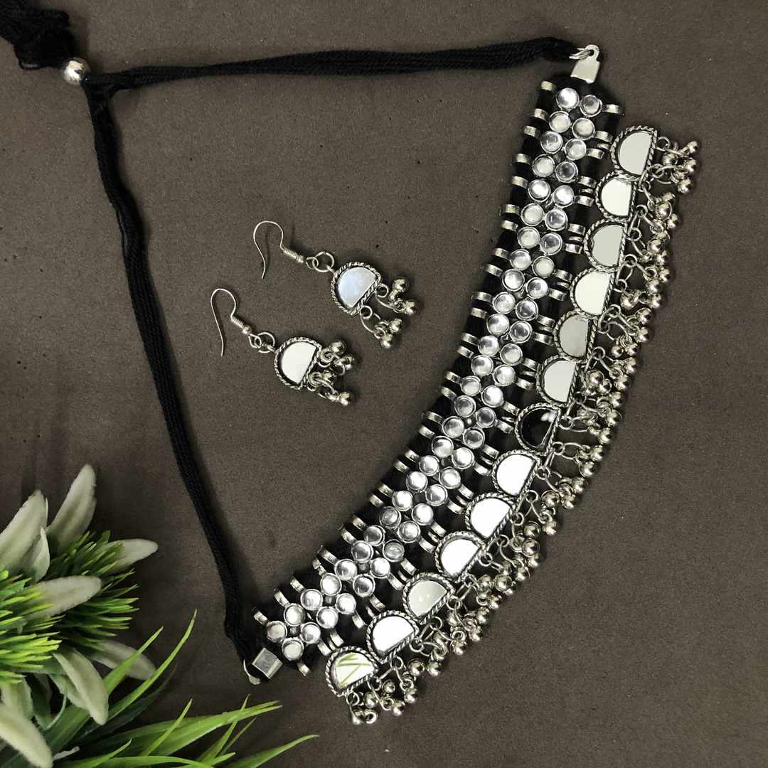 LARQ JEWELS Afghani Mirror Silver Oxidized Ghungroo Choker Necklace