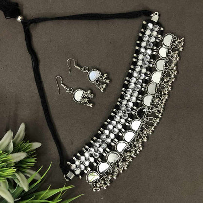 LARQ JEWELS Afghani Mirror Silver Oxidized Ghungroo Choker Necklace