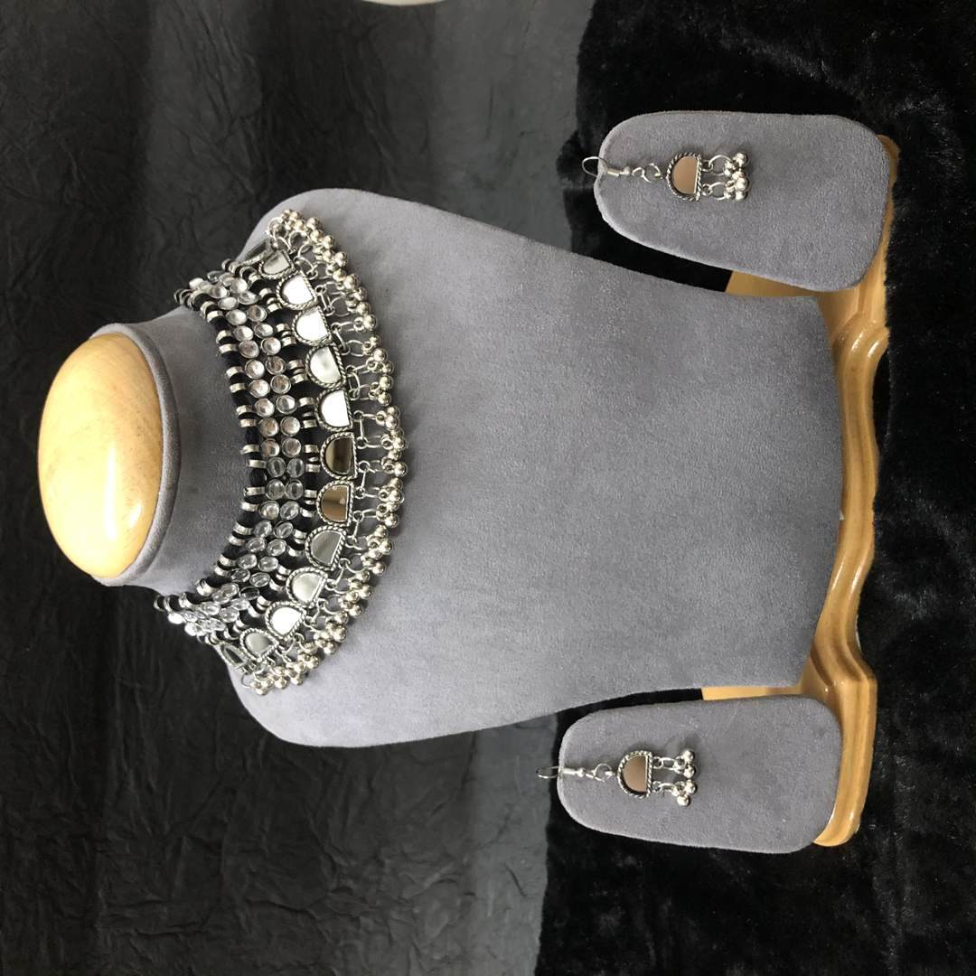 LARQ JEWELS Afghani Mirror Silver Oxidized Ghungroo Choker Necklace