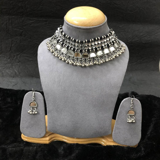 LARQ JEWELS Afghani Mirror Silver Oxidized Ghungroo Choker Necklace