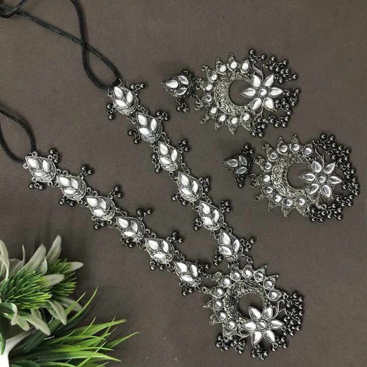 LARQ JEWELS Oxidised Silver Mirror Boho Necklace Set