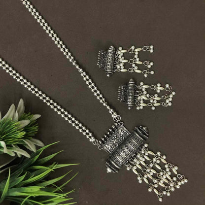LARQ JEWELS Oxidised Silver Banjara Style Long Necklace Set