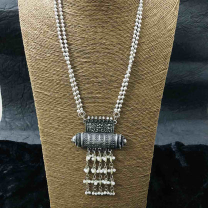 LARQ JEWELS Oxidised Silver Banjara Style Long Necklace Set