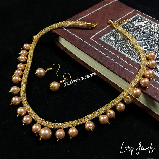 LARQ JEWELS Zircon Style Pearl Beads Necklace Set For Women - Golden