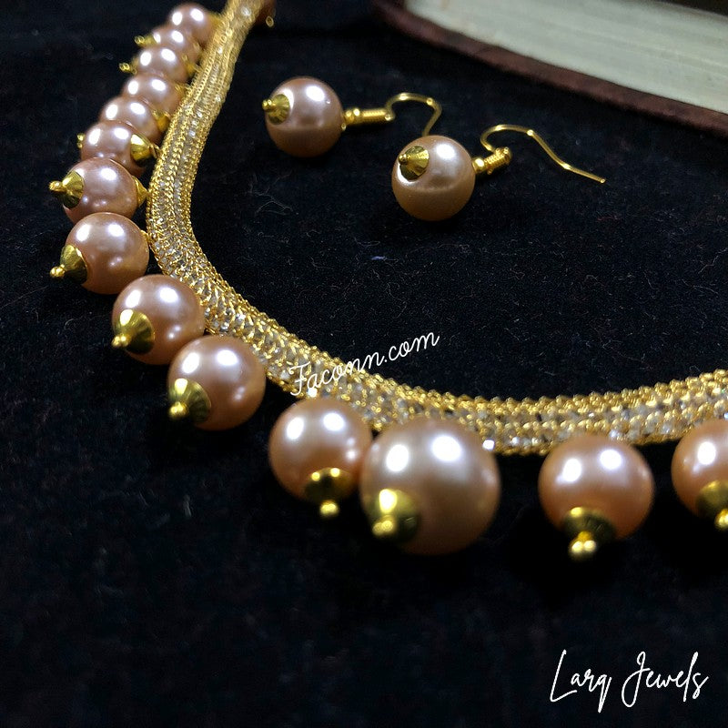 LARQ JEWELS Zircon Style Pearl Beads Necklace Set For Women - Golden