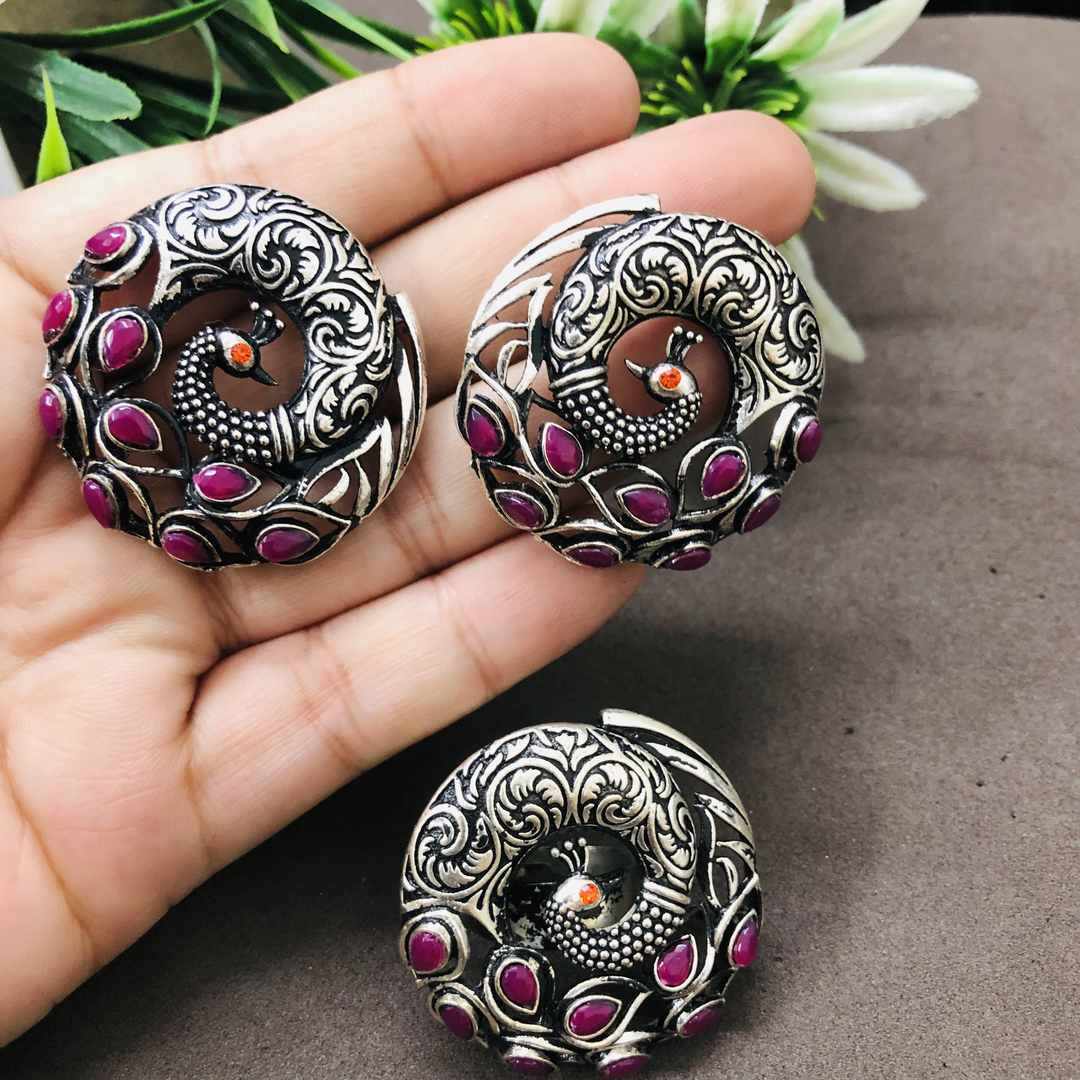 LARQ JEWELS German Silver Combo Of 3 Pcs Artistic Crafted  Earrings With Ring -PINK