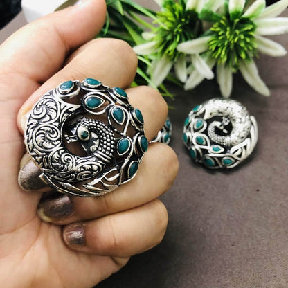 LARQ JEWELS German Oxidized Silver Combo Of 3 Pcs Artistic Crafted Earrings With Ring GREEN