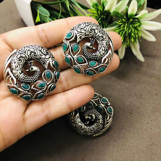 LARQ JEWELS German Oxidized Silver Combo Of 3 Pcs Artistic Crafted Earrings With Ring GREEN